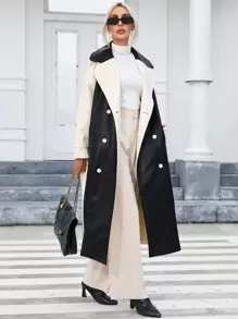 SHEIN Essnce 雙色雙排釦腰帶風衣外套 - 黑與白 - 查看 3