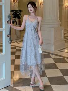 DAZY Contrast Sequin Mesh Overlay Cami Dress Prom Dress - Grey - View 4