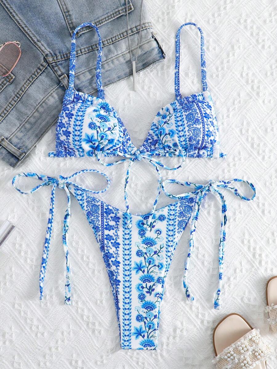 SHEIN Swim 夏季沙灘花卉印花系帶比基尼套裝 - 藍白色 - 查看 1