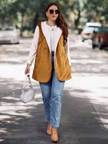 SHEIN LUNE 大碼開門襟連帽法蘭絨外套馬甲 - 彩色 - 查看 2