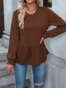 SHEIN LUNE Solid Ruffle Hem Tee - Chocolate Brown - View 5