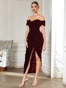 優雅交叉 高衩純色女士連衣裙 - 酒紅色 - 查看 4