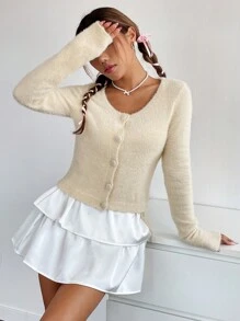 SHEIN EZwear 前抽繩針織吊帶上衣和開衫 - 杏色 - 查看 5