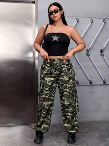 SHEIN EZwear 大碼迷彩印花側翻蓋口袋工裝牛仔褲 - 彩色 - 查看 5