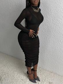 Slaydiva Mock Neck Ruched Mesh Bodycon Dress Without Lingerie Set - Black - View 4