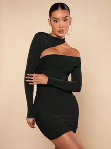 Silquee 不對稱領金屬亮絲緊身洋裝 - 黑色 - 查看 7