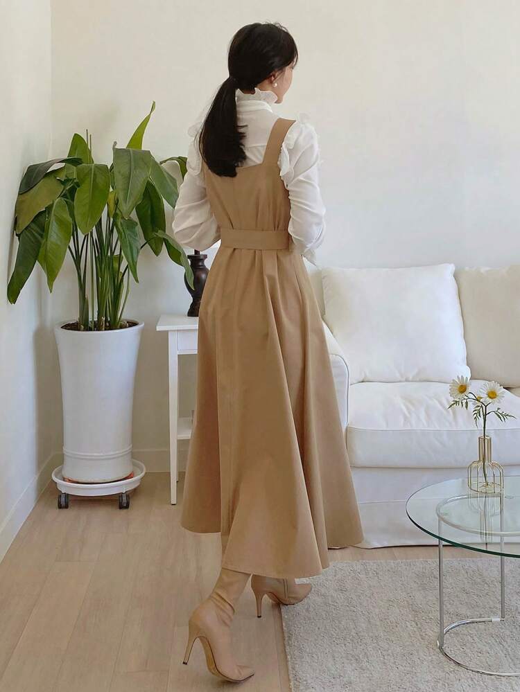 Button Front Belted Overall Dress Without Blouse,Fall Clothes Maxi Dress
