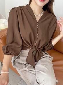 DAZY 素色前紐扣下擺打結短款襯衫