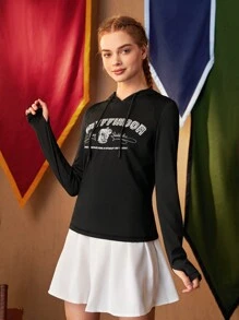 HARRY POTTER X SHEIN Áo nỉ thể thao có dây rút, in chữ, in hình. - màu đen - Xem 9