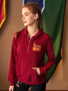 HARRY POTTER X SHEIN Đồ họa Chữ cái Một nửa khóa kéo Áo nỉ thể thao - Đỏ - Xem 6