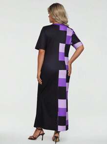 SHEIN Clasi Plus Plaid Print Notched Neckline Split Hem Dress - Multicolor - View 2