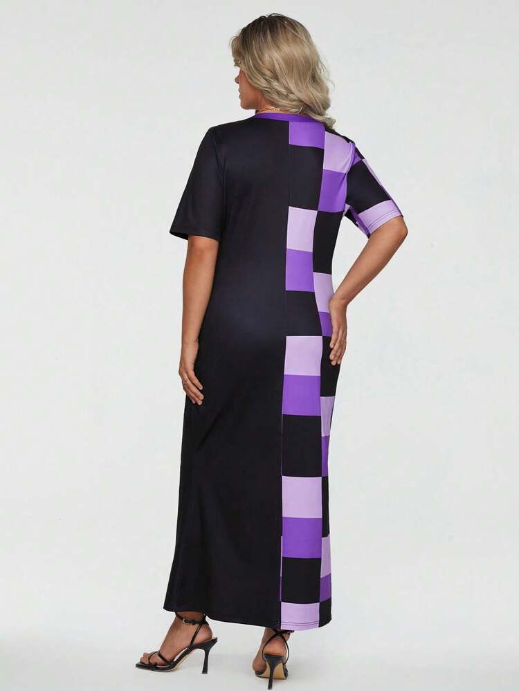 Plus Plaid Print Notched Neckline Split Hem Dress