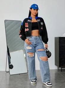 SHEIN EZwear 大碼字母圖案撞色落肩袖短款飛行員夾克 - 黑色 - 查看 4