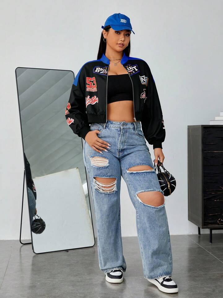Premier クロップド ボンバージャケット SHEIN EZwear プラス 文字グラフィック カラーブロック ドロップ