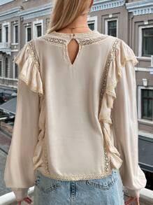SHEIN Cottnline Floral Embroidery Ruffle Trim Flounce Sleeve Blouse - Beige - View 2