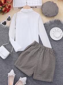 Tween Girl Turtleneck Tee & Plaid Print Shorts - White - View 2