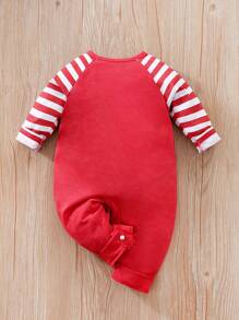Baby Girl Striped & Christmas Print Raglan Sleeve Jumpsuit - Red - View 2