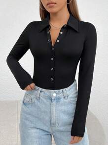 SHEIN PETITE Button Front Slim Fit Tee Bodysuit - Black - View 6