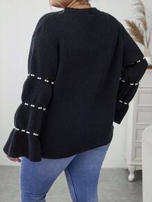 Calvaya Plus Pearls Beaded Flare Sleeve Sweater - Black - View 2