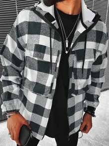 Manfinity Homme 寬鬆版型男士格紋圖案束腰連帽夾克,掉肩設計 - 黑與白 - 查看 1
