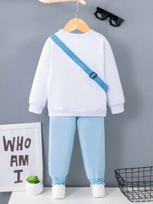 SHEIN 男小童素色套頭衫和卡通圖案衛褲和包 - 藍白色 - 查看 2