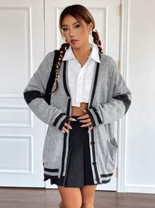 SHEIN Qutie Sọc trang trí Túi Kép Thả vai Xoắn Dan Tương phản ràng buộc Áo len Mở - Xám - Xem 4