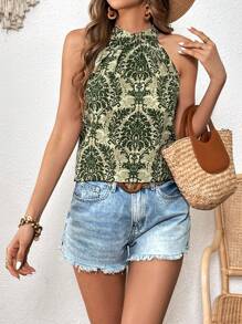 SHEIN VCAY Allover Print Keyhole Back Blouse - Multicolor - View 5