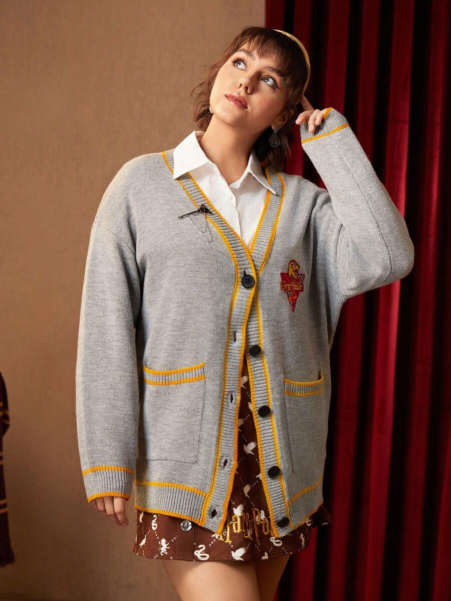 HARRY POTTER X SHEIN 大碼字母貼布條紋飾邊落肩袖開襟衫 - 彩色 - 查看 1