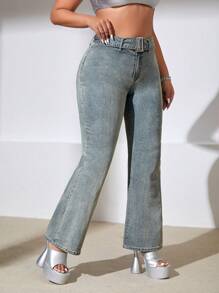 SHEIN ICON 大碼搭扣腰帶牛仔喇叭褲 - 銅色 - 查看 4