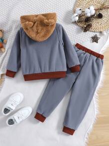 SHEIN 男小童熊貼布拉鏈開襟3D耳朵連帽夾克背心和運動褲&運動衫 - 灰色 - 查看 2