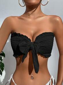 SHEIN 打褶褶邊前打結抹胸比基尼上衣