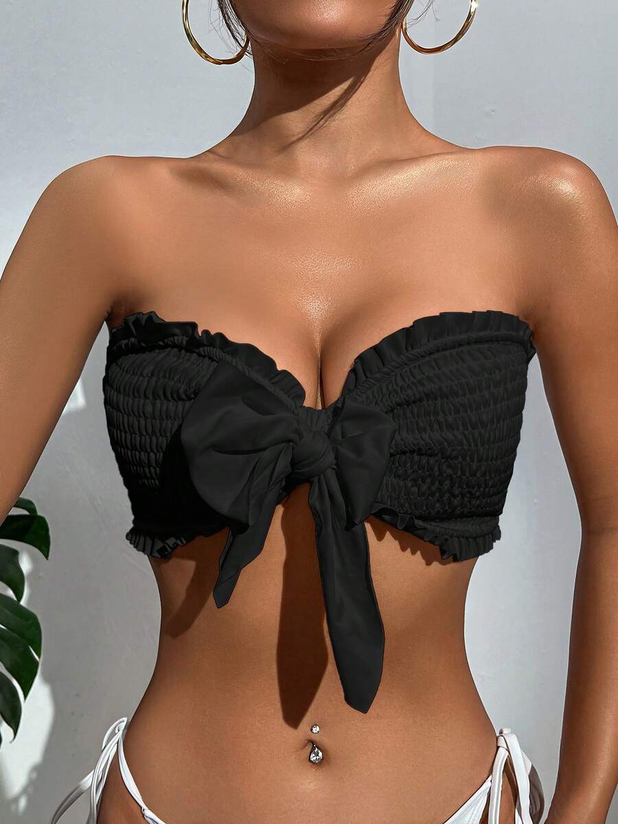 SHEIN 打褶褶邊前打結抹胸比基尼上衣