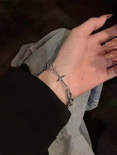 Goth 1pc Fashion Iron Alloy Cross Rhinestone Decor Chain Bracelet For Women For Dating Gift