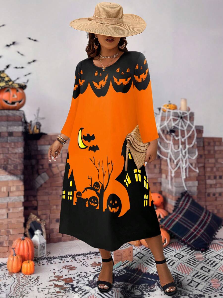 SHEIN EZwear Talla grande Vestido con estampado de halloween - Multicolor - Ver 1