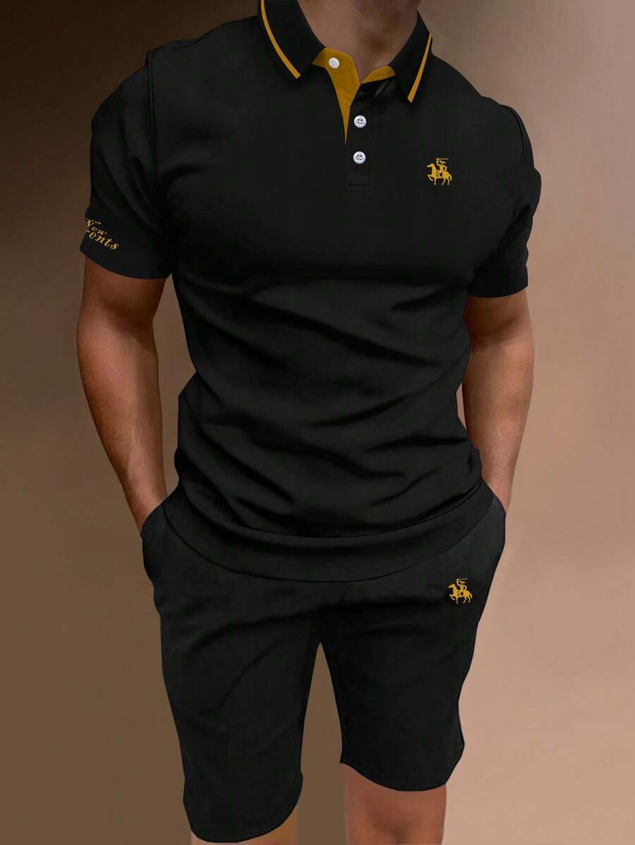 Manfinity Homme Nam Lá thư Đồ họa con ngựa Viền tương phản Áo polo & Quần short - màu đen - Xem 1