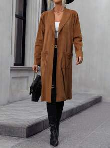 SHEIN LUNE Dual Pocket Open Front Coat Fall Cloth For Women - Brown - View 3
