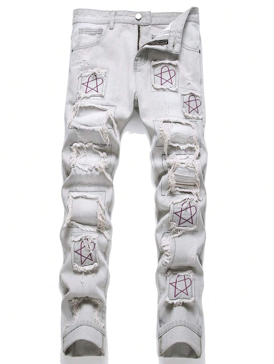 Hombres Jeans desgarro con bordado geométrico desgarro crudo costura de trapo - Gris - Ver 1
