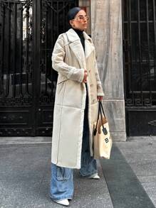 RueChic Lapel Neck Drop Shoulder Longline Coat - Beige - View 6