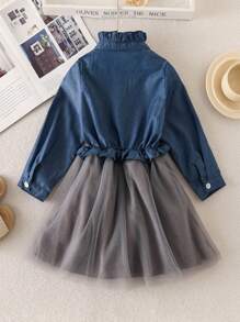Young Girl Frill Mock Neck Half Button Mesh Hem Dress - Blue - View 2