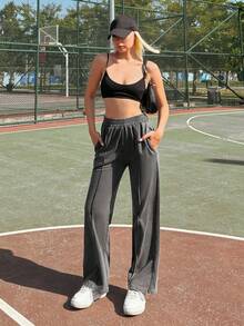 Cottnline Damen Straight Cut Casual Hose Mit Schrägen Taschen Und Elastischem Bund, Mittelhoch - Grau - Übersicht 4