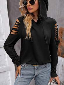 SHEIN LUNE 鏤空插肩袖抽繩連帽衫 - 黑色 - 查看 1