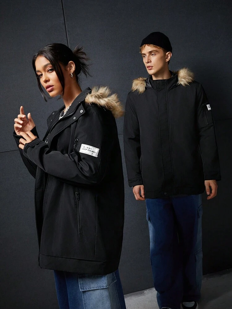 1pc Loose Fit Hooded Padded Coat With Letter Patch Detail And Fuzzy Trim, For Fall Winter