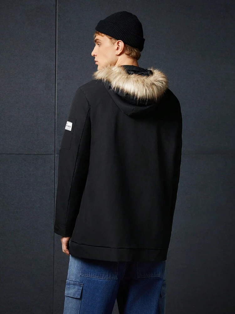 1pc Loose Fit Hooded Padded Coat With Letter Patch Detail And Fuzzy Trim, For Fall Winter