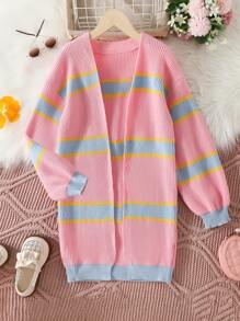 SHEIN Tween Girl Striped Pattern Drop Shoulder Duster Cardigan - Pink - View 6