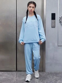 青少年女孩字母圖案落肩袖套頭衫和運動褲 - 淺藍色 - 查看 5