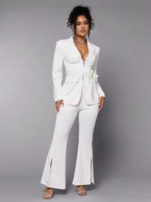 SHEIN BAE Chất rắn Viền chia cắt Quần ống loe - màu đen - Xem 2