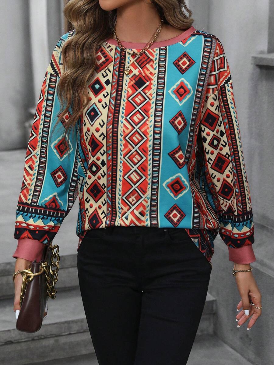 EMERY ROSE Sweatshirt mit Geo Muster, Drop Shoulder