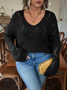 Nubod Áo len nữ cỡ lớn cổ chữ V dáng rộng, kiểu dáng thoải mái, họa tiết lưới rỗng hình thoi, thích hợp mặc hàng ngày, màu đen, cho mùa đông thu. - màu đen - Xem 3