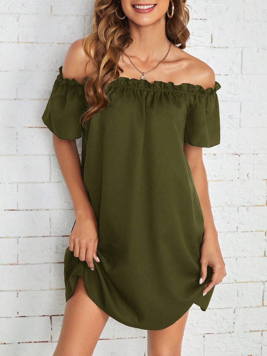 SHEIN Essnce 一字肩褶邊洋裝 - 軍綠色 - 查看 1