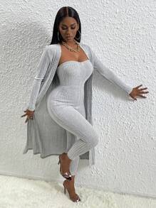 Slaydiva Chất rắn Jumpsuit ống & Mở Mặt trước áo - Xám - Xem 4